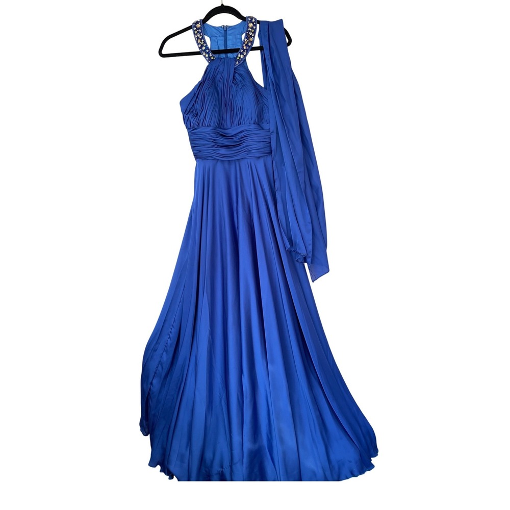 Dancing Queen Gown Womens S Blue Beaded Halter Ruched Maxi Ball Gown Dress - Picture 2 of 13